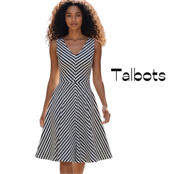 Talbots Dresses & Skirts - Talbots Black White Striped Fit & Flare Dress NWT Size LP